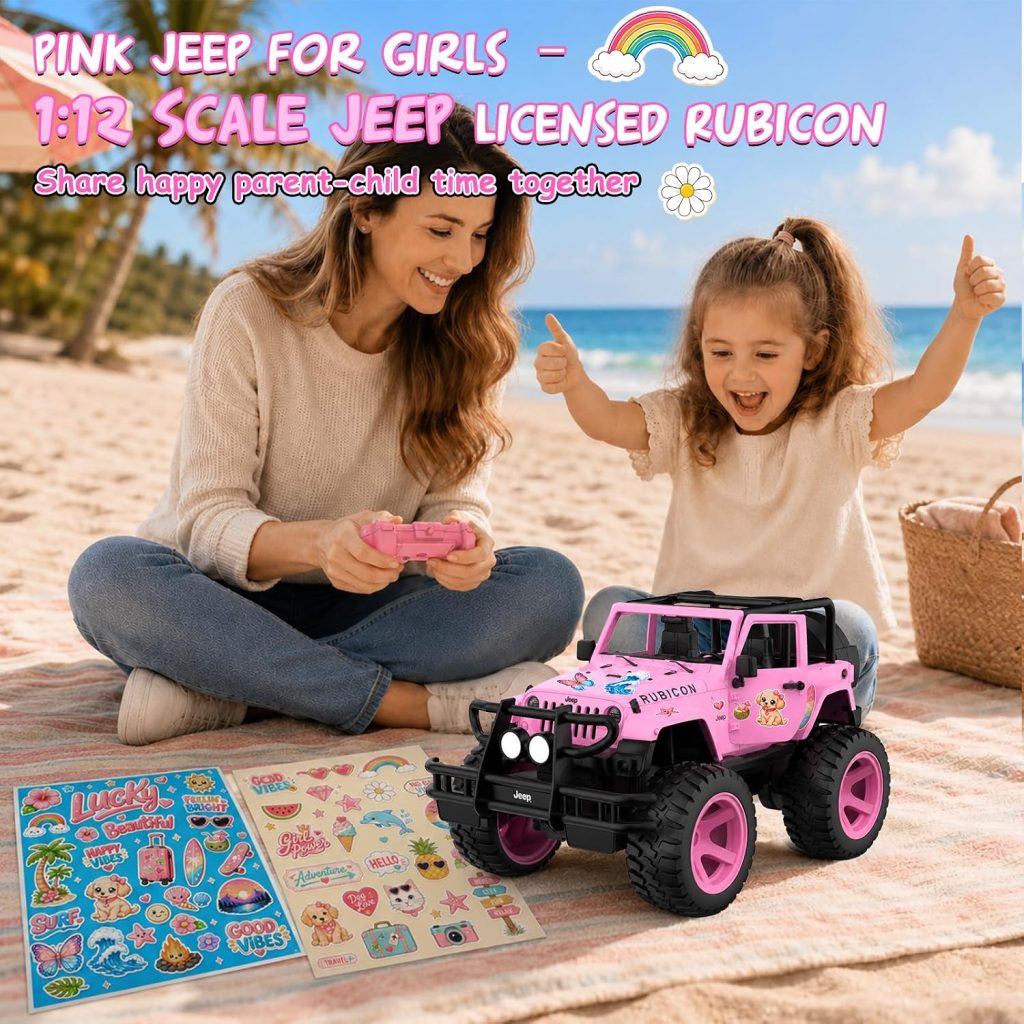 DOUBLE E Jeep Licensed 1:12 Pink Remote Control Car for Girls,2.4GHz 6-channel RC Jeep with 2 DIY Sticker Sheets,4WD Open Top Off-Road Vehicle, Auto Opening Doors, LED Lights,Multi-car Racing Gift Set