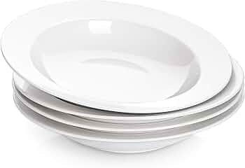 DOWAN Soup and Pasta Bowls Set of 4, White Porcelain Wide Rim Salad Plates, 20 Ounces, Microwave & Dishwasher Safe