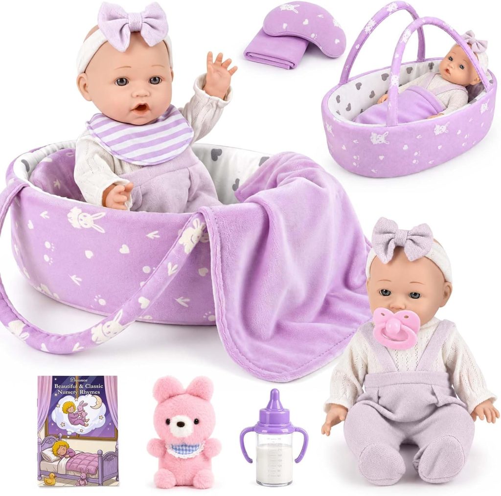 Dreamon Baby Doll Set 12″ Baby Doll with Feeding & Care Accessories, Purple