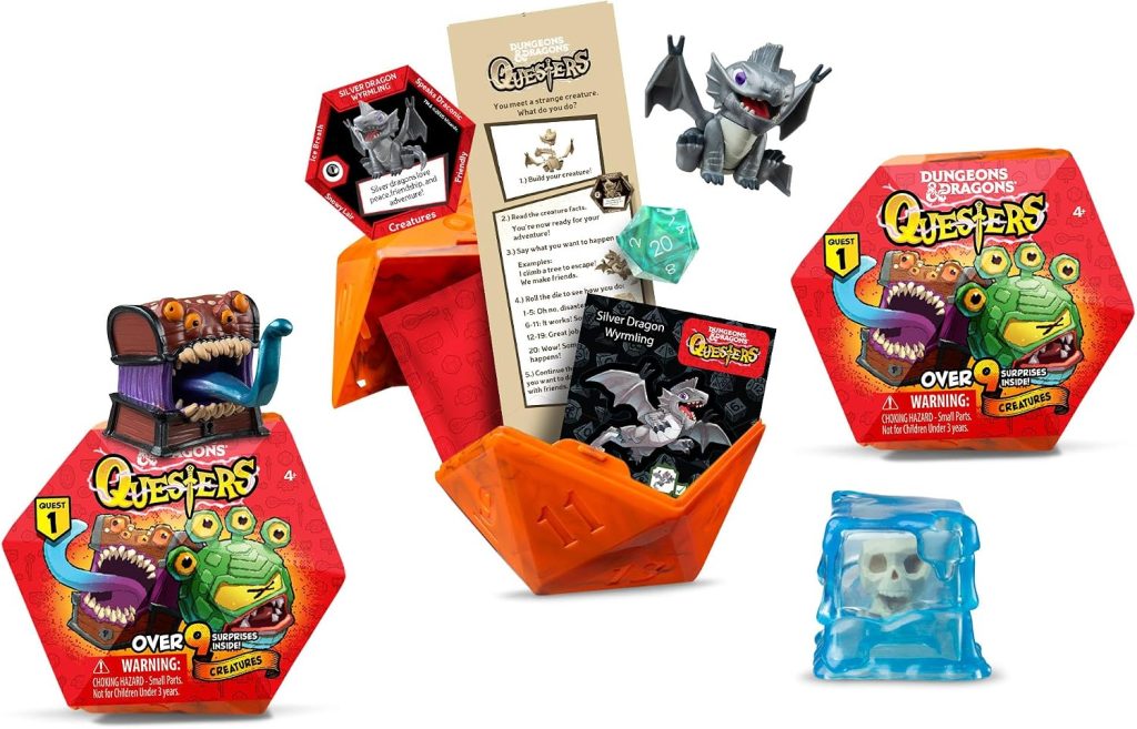 Dungeons & Dragons Questers Creature Figures 3-Pack, D&D Collectible Fantasy Toy Figures – Tiny Gelatinous Cube, Silver Wyrmling & Mimic Treasure Chest