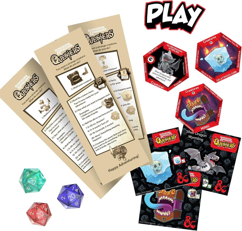 Dungeons & Dragons Questers Creature Figures 3-Pack, D&D Collectible Fantasy Toy Figures – Tiny Gelatinous Cube, Silver Wyrmling & Mimic Treasure Chest
