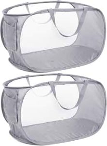 Durable Collapsible Laundry Baskets, Mesh Pop Up Laundry Hamper with Side Pocket, Foldable Clothes Hamper with Reinforced Carry Handles for Laundry, Bathroom, Kids Room, Dorm or Travel 2 Pack Grey