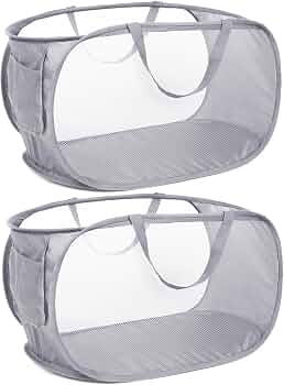 Durable Collapsible Laundry Baskets, Mesh Pop Up Laundry Hamper with Side Pocket, Foldable Clothes Hamper with Reinforced Carry Handles for Laundry, Bathroom, Kids Room, Dorm or Travel 2 Pack Grey