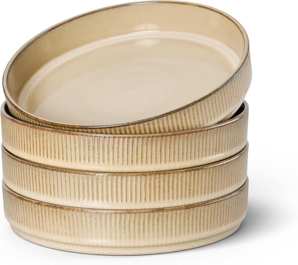 E-far Pasta Bowls Set of 4, 35oz Large Salad Bowl Plate for Dinner Serving, Wide & Shallow Ceramic Stoneware Pasta Plate, Microwave & Dishwasher Safe, Reactive Glaze Textured Stripe, Caramel Khaki