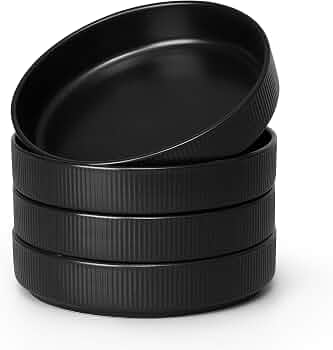 E-far Pasta Bowls Set of 4, 35oz Large Salad Bowl Plate for Dinner Serving Soup, Wide & Shallow Ceramic Stoneware Pasta Plates, Microwave & Dishwasher Safe, Reactive Glaze Texture-Stripe, Matte Black