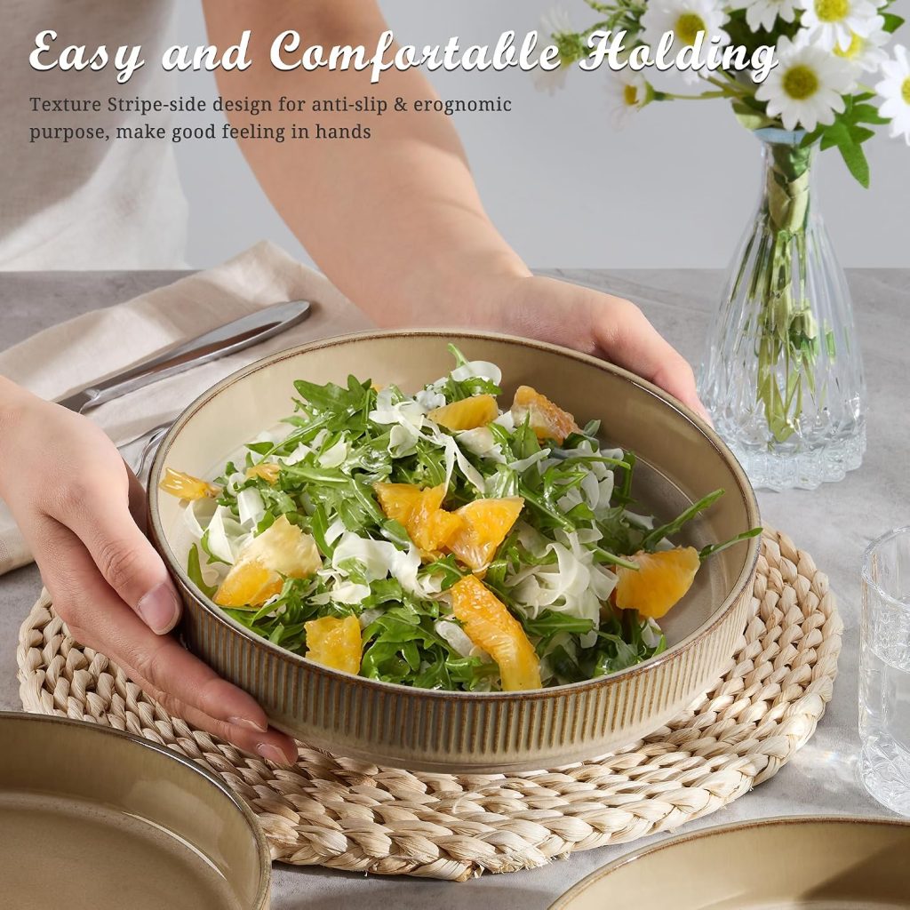 E-far Pasta Bowls Set of 4, 35oz Large Salad Bowl Plate for Dinner Serving, Wide & Shallow Ceramic Stoneware Pasta Plate, Microwave & Dishwasher Safe, Reactive Glaze Textured Stripe, Caramel Khaki