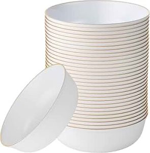 (30 Pack 16 OZ Bowls) Edge Collection White with Gold Rim Plastic Party Soup Bowls Premium heavyweight Elegant Disposable Tableware Dishes