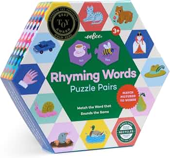 eeBoo Hexagon Puzzle Pairs – Rhyming Words, 33 Self-Correcting Pairs, Match Sounds to Images, Pre-Reading Activity for Preschool Kids Ages 3 and up