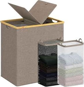 efluky Double Laundry Hamper with Lid and 2 Removable Bags, Brown