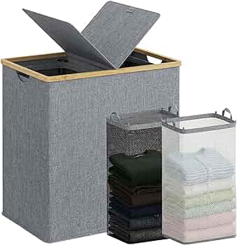 efluky Double Laundry Hamper with Lid and 2 Removable Bags, Blue Grey