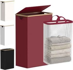 efluky Slim Laundry Hamper with Lid and Removable Bag, 75L Burgundy