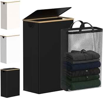 efluky Slim Laundry Hamper with Lid and Removable Bag, 75L Black