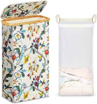 efluky Slim Laundry Hamper with Lid and Removable Bag, 75L Floral
