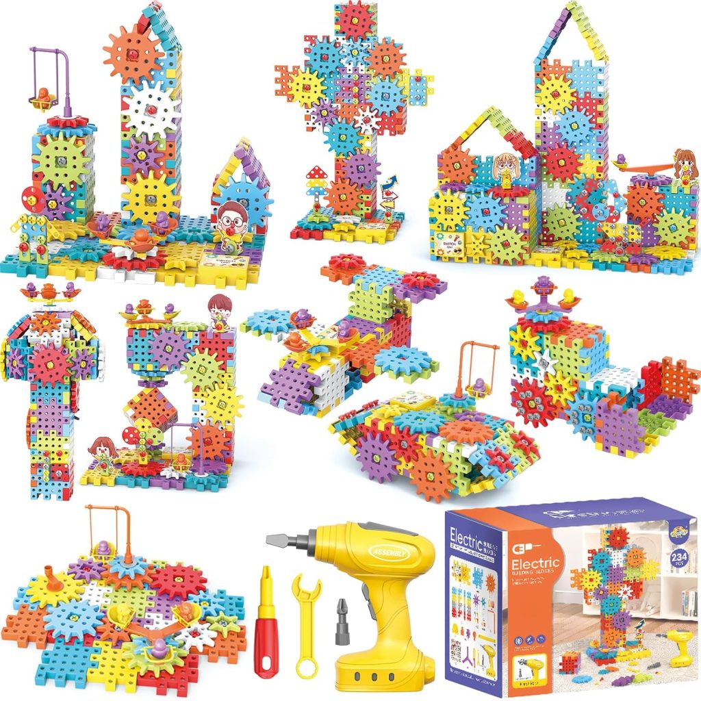 Electric Building Blocks for Kids 3-8, 234 Piece Gear Building Blocks Set with Motorized Drill, STEM Construction Toys, Montessori Building Toys for Boys and Girls