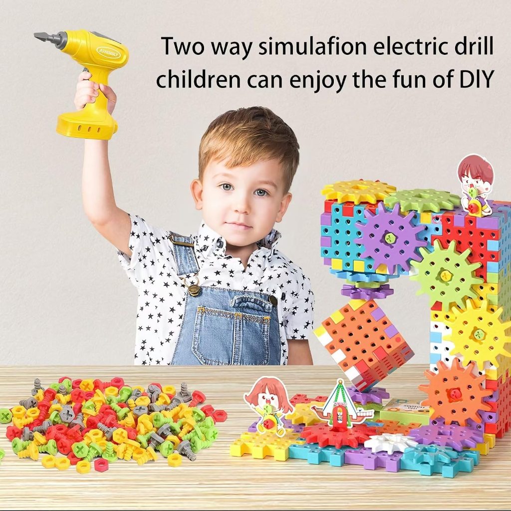 Electric Building Blocks for Kids 3-8, 234 Piece Gear Building Blocks Set with Motorized Drill, STEM Construction Toys, Montessori Building Toys for Boys and Girls