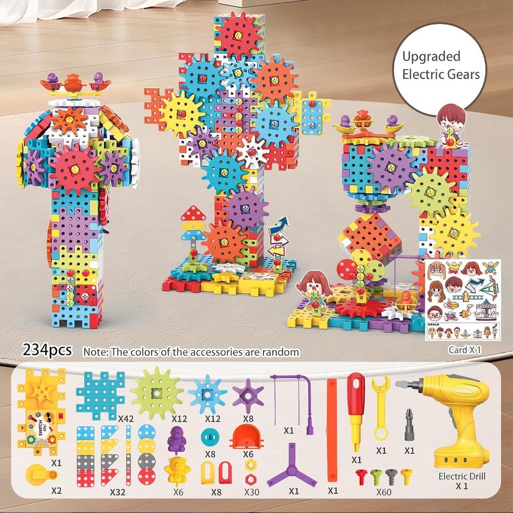 Electric Building Blocks for Kids 3-8, 234 Piece Gear Building Blocks Set with Motorized Drill, STEM Construction Toys, Montessori Building Toys for Boys and Girls