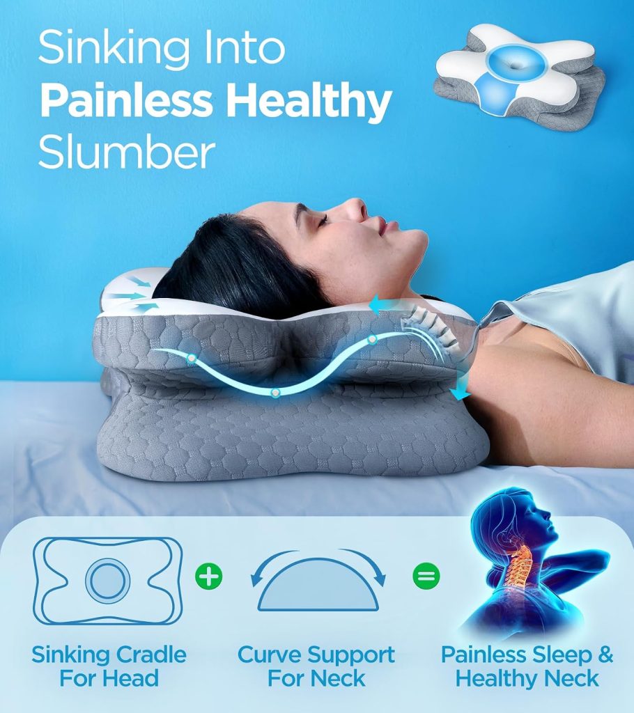 Enjoy Pain Relief Sleeping Cervical Neck Pillow, Ergonomic Contour Zoned Fits Side Sleeper, Non-Temperature Affected Memory Foam Pillows, Q-max Cooling Pillow Support Back Stomach Sleepers