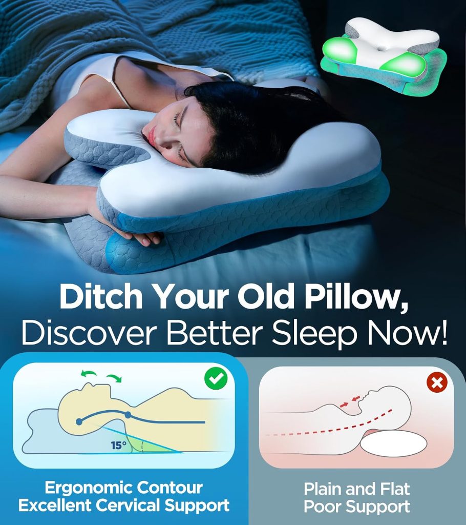 Enjoy Pain Relief Sleeping Cervical Neck Pillow, Ergonomic Contour Zoned Fits Side Sleeper, Non-Temperature Affected Memory Foam Pillows, Q-max Cooling Pillow Support Back Stomach Sleepers