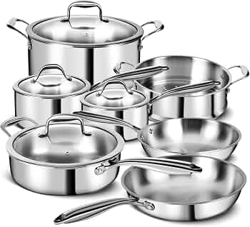EWFEN 3 Ply Stainless Steel 11-Piece Cookware Set with Lids, Pots and Pans Kitchen Set, Non-Toxic, Induction, Oven, Dishwasher Safe, Professional Chef Quality