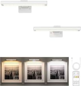 EZVALO Picture Light for Wall, Rechargeable 2400mAh Lights Wireless with IR Remote, 3 Color & Dimmable Magnetic 7.87” LED Lights Display for Painting, Living Room, Gallery, Bedroom Art(White-2P)
