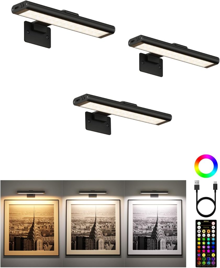 EZVALO RGB Picture Light for Wall, 2400mAh Wireless Rechargeable Color Changing Art Light with Remote, 16 Colors, Dimmable Magnetic LED Display Lights for Painting, Bedroom, Gaming Room (Black-3P)