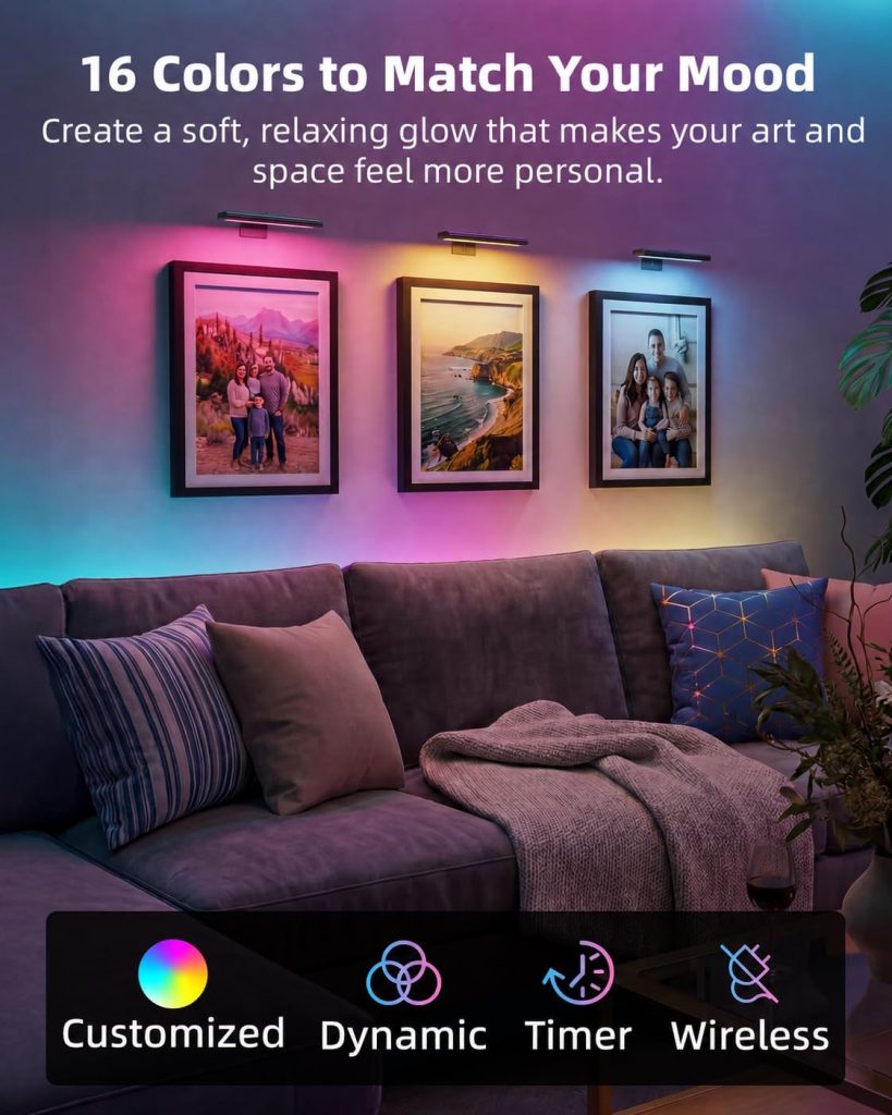 EZVALO RGB Picture Light for Wall, 2400mAh Wireless Rechargeable Color Changing Art Light with Remote, 16 Colors, Dimmable Magnetic LED Display Lights for Painting, Bedroom, Gaming Room (Black-3P)