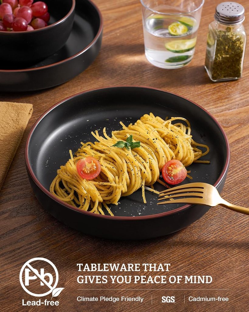 famiware Mercury Pasta Bowls Set of 4, 33 oz Large Salad Bowls, Black