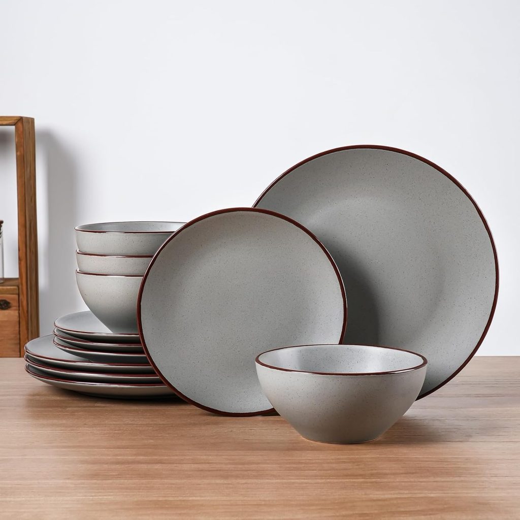 Famiware Venus Plates and Bowls Sets, 12pcs Stoneware Dinnerware Set for 4