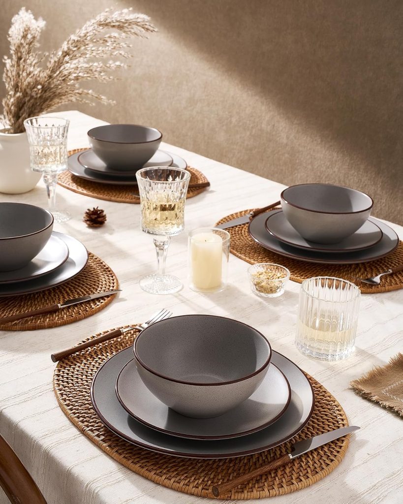 Famiware Venus Plates and Bowls Sets, 12pcs Stoneware Dinnerware Set for 4