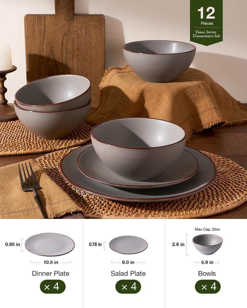 Famiware Venus Plates and Bowls Sets, 12pcs Stoneware Dinnerware Set for 4