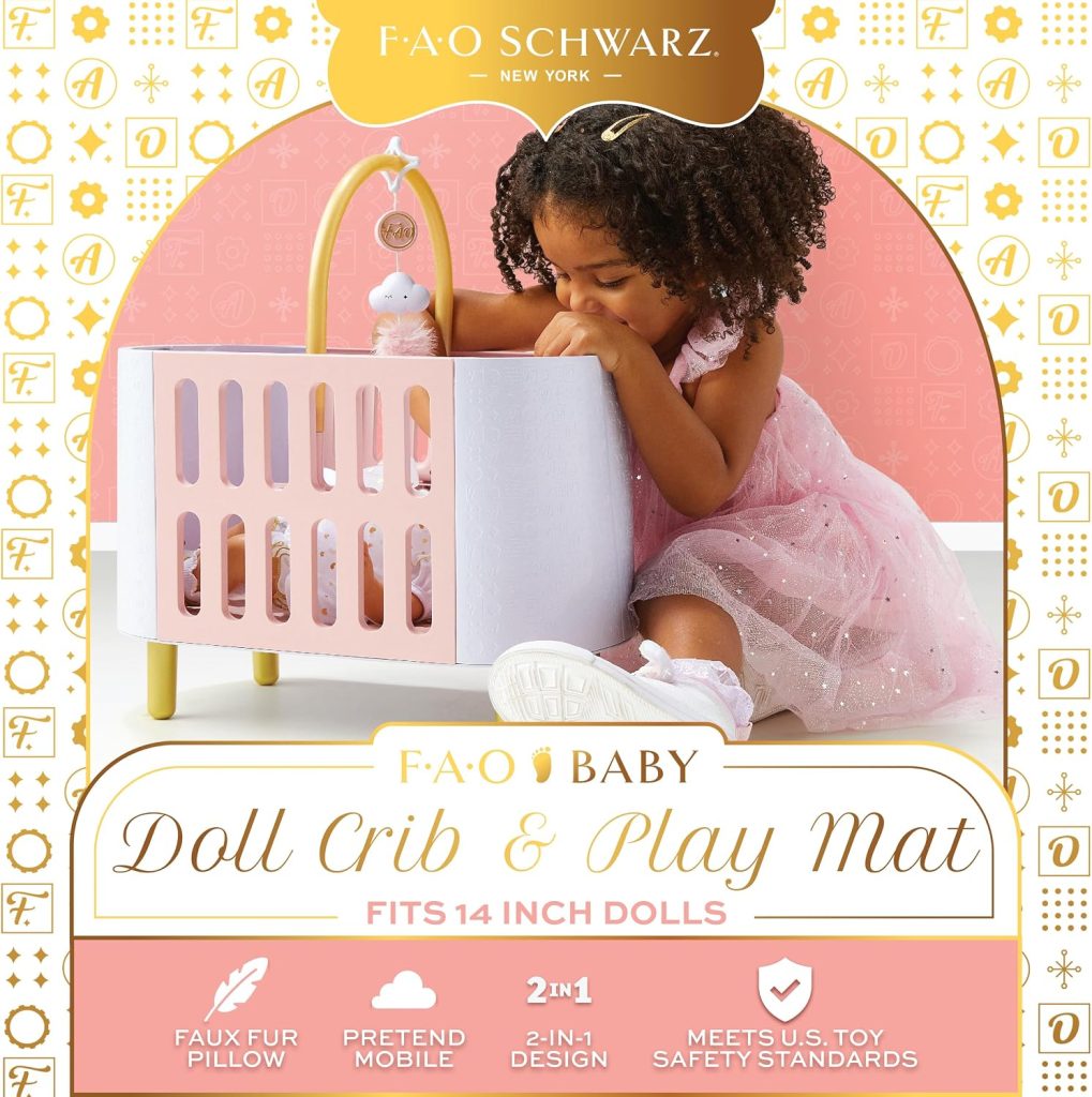 FAO Schwarz Baby Doll Crib & Play Mat with Mattress Pillow & Pretend Mobile