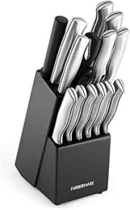 Farberware 15-Piece Kitchen Knife Set, High-Carbon Stainless Steel Blades with Wood Block, Steak Knives, Sharpening Tool & All-Purpose Shears, Razor Sharp, Ergonomic Stainless Steel Handles