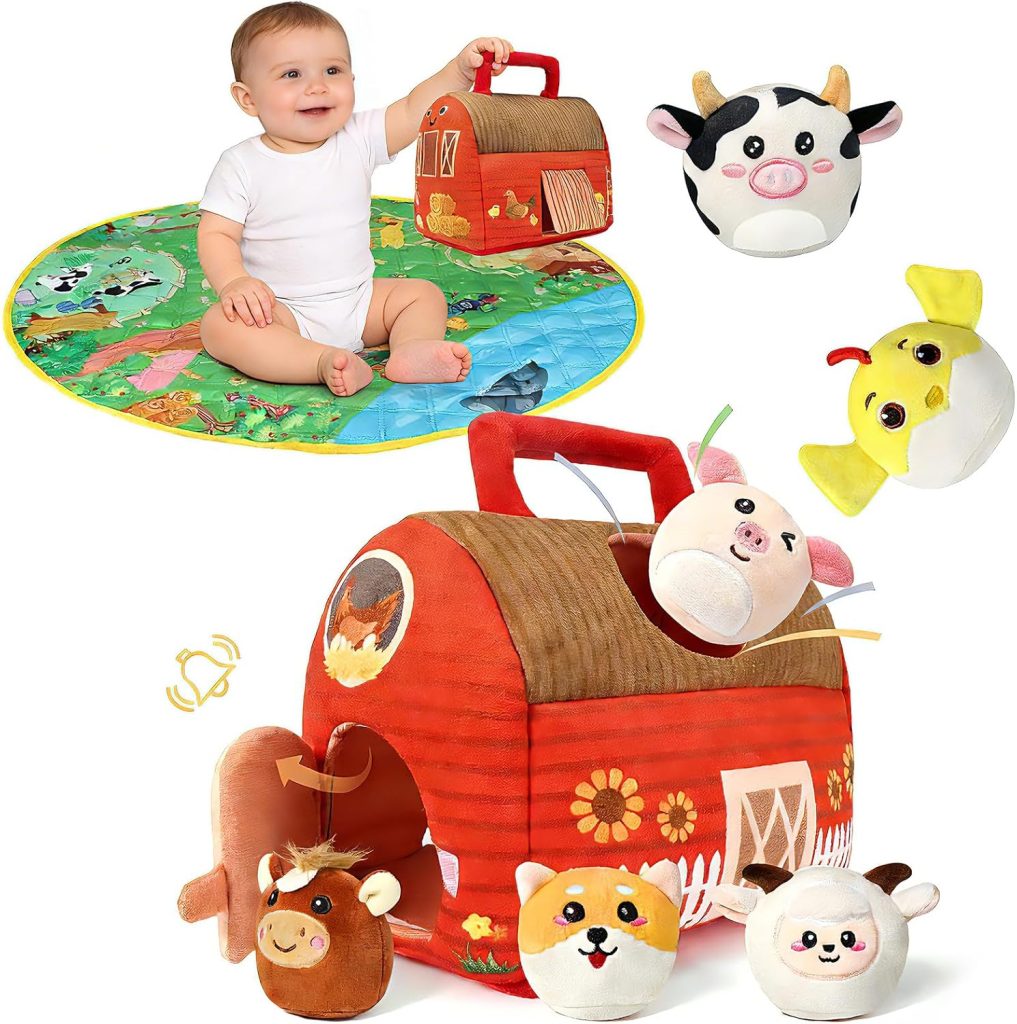 Farm Animal Toys for 1 2 3 4 5 Year Old Toddlers – Plush Farm House Playset with Barn, 6 Soft Farm Animals & Large Play Mat – Farm Toys for Toddlers 1–3 Baby Easter Basket Stuffers