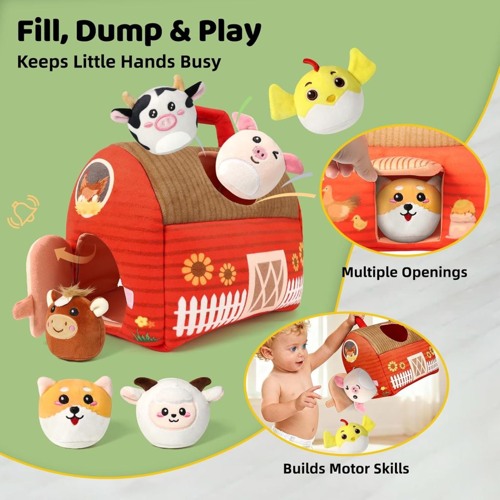 Farm Animal Toys for 1 2 3 4 5 Year Old Toddlers – Plush Farm House Playset with Barn, 6 Soft Farm Animals & Large Play Mat – Farm Toys for Toddlers 1–3 Baby Easter Basket Stuffers