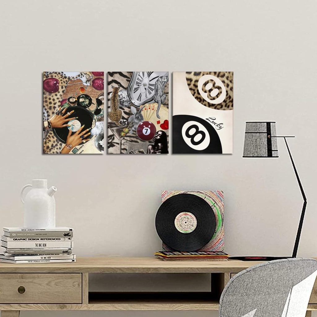 Fashion Cheetah Wall Art Set of 3 Leopard Wall Decor Pictures Lucky 8 Ball Poster Canvas Painting Prints Dark Red Cheetah Artwork for Bedroom Living Room Framed 12×16 inch