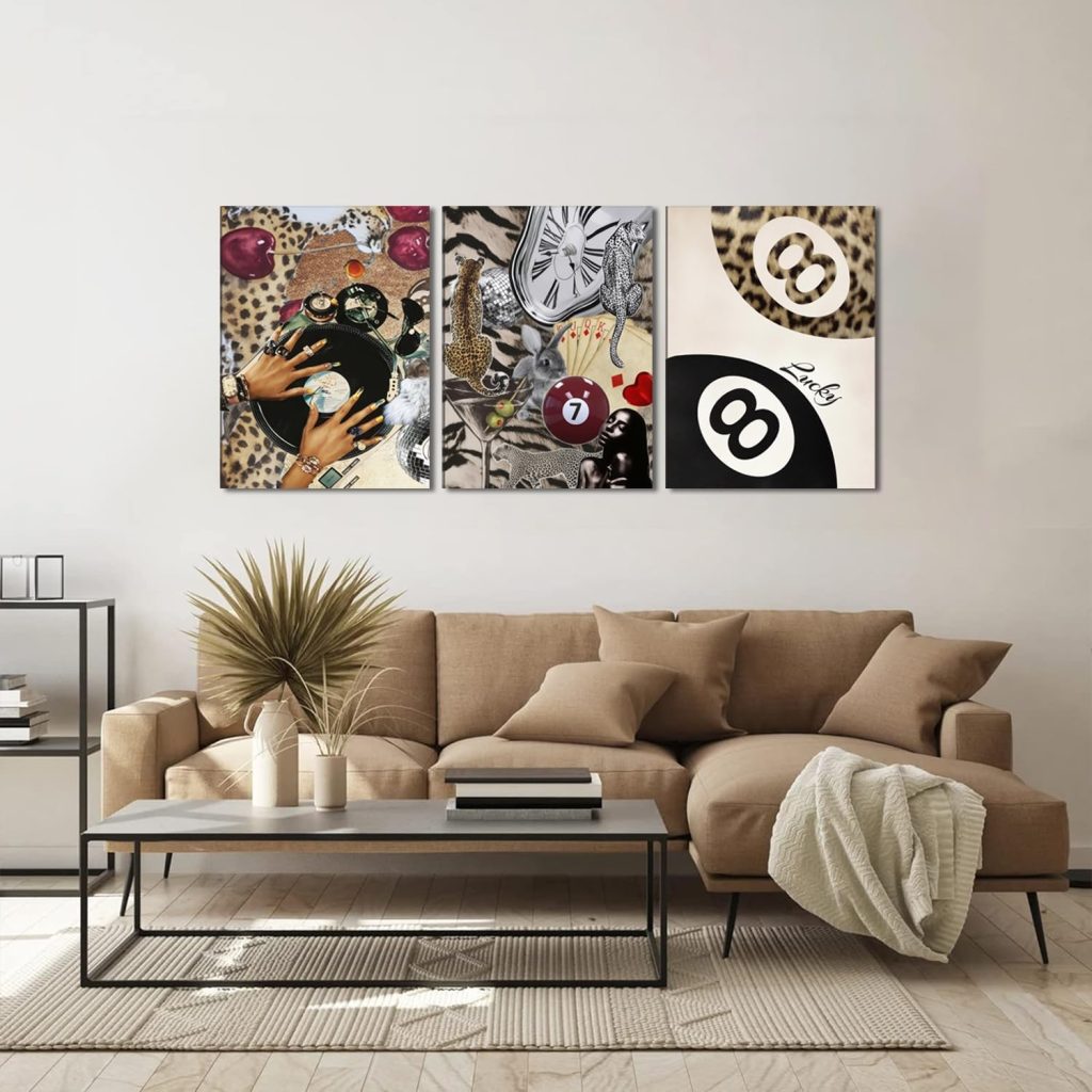 Fashion Cheetah Wall Art Set of 3 Leopard Wall Decor Pictures Lucky 8 Ball Poster Canvas Painting Prints Dark Red Cheetah Artwork for Bedroom Living Room Framed 12×16 inch