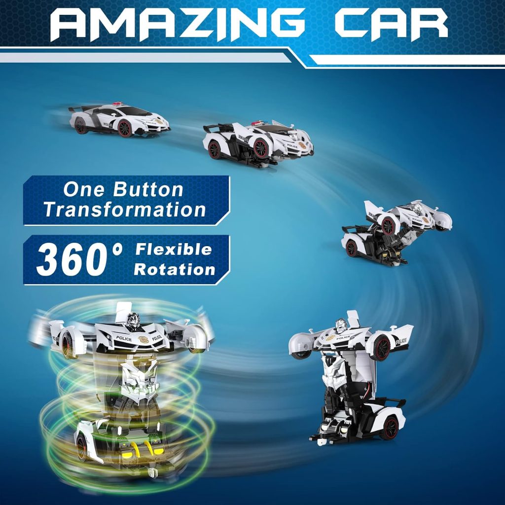 FDJ Remote Control Car – Transform Toys Car Robot, One Button Deformation to Robot with Flashing Light, 2.4Ghz 1:18 Scale Transforming Police Car Kids Toys with 360 Degree Rotating, Girls Boys Toys