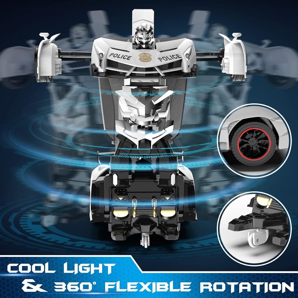 FDJ Remote Control Car – Transform Toys Car Robot, One Button Deformation to Robot with Flashing Light, 2.4Ghz 1:18 Scale Transforming Police Car Kids Toys with 360 Degree Rotating, Girls Boys Toys