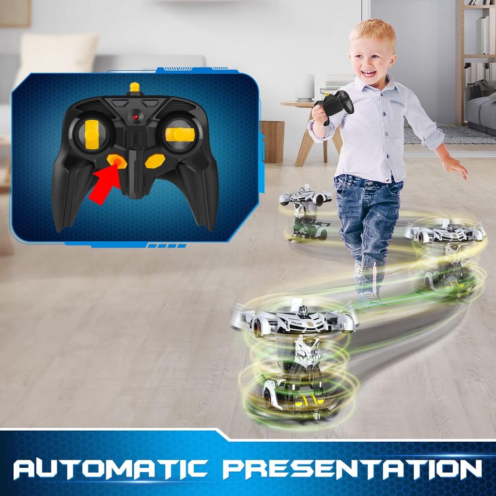 FDJ Remote Control Car – Transform Toys Car Robot, One Button Deformation to Robot with Flashing Light, 2.4Ghz 1:18 Scale Transforming Police Car Kids Toys with 360 Degree Rotating, Girls Boys Toys