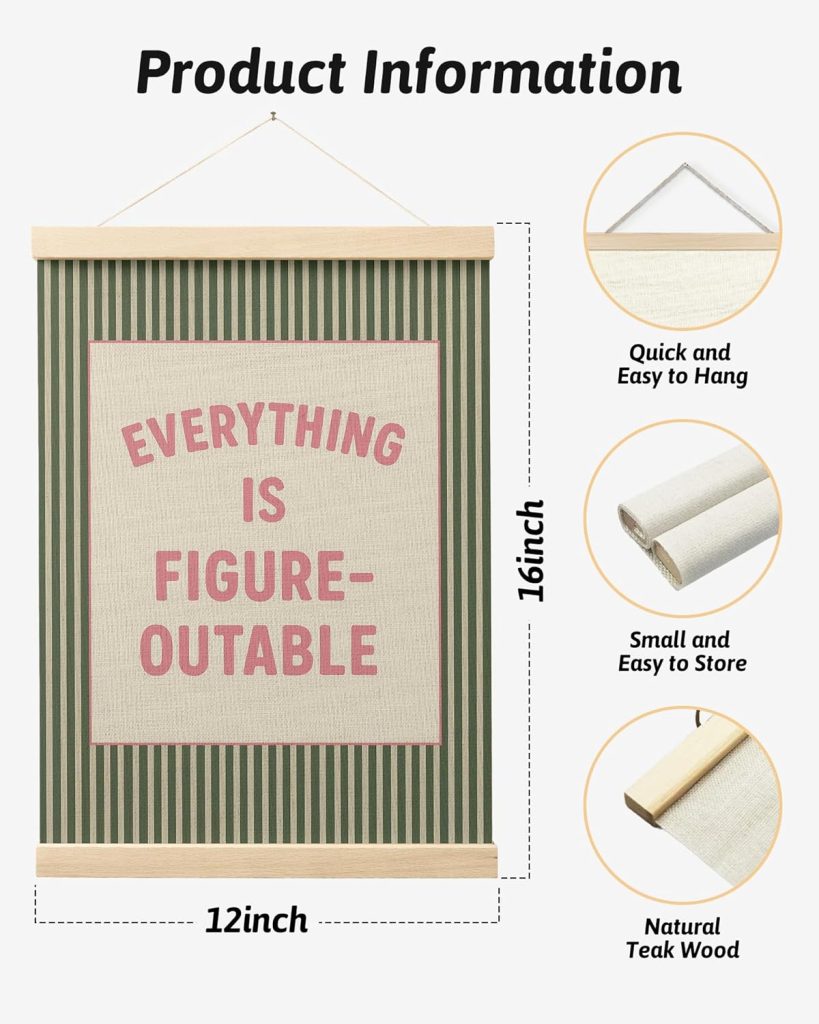FGFK Everything Is Figureoutable Positive Affirmations Wall Art Poster Hanger Frame, Retro Pink and Green Inspirational Canvas Prints Framed Wall Decor for Office Classroom Home Bedroom, 12×16 Inch