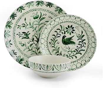 Fitz and Floyd Sicily Green 12-Piece Dinnerware Set – Stoneware Plates and Bowls Set for 4, Floral Green and White Dish Set, Microwave and Dishwasher Safe