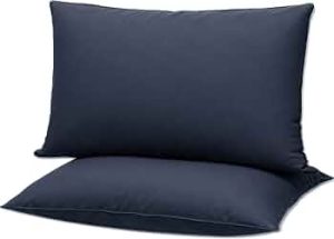 Flat Ultra Thin Bed Pillows Standard Size Pillow Set of 2 Extra Soft Down Alternative for Stomach Back Sleeper Dark Blue 20x26inches