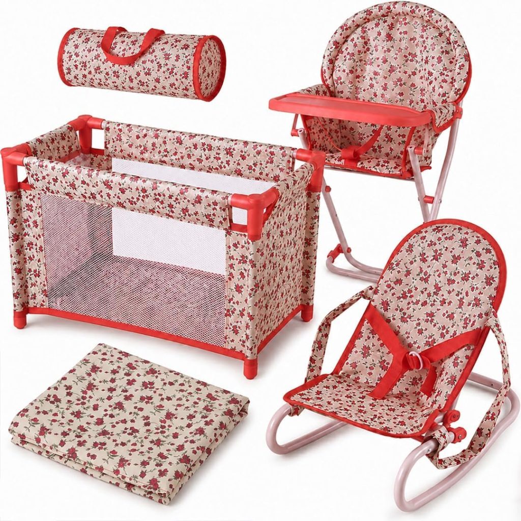 Floral Baby Doll Accessories Set, 3-1 Baby Doll Crib, Baby Doll High Chair & Bouncer Seat. 18 inch Doll Accessories with Doll Bed. 18″ Dolls Furniture Play Stuff. Toys for Girls Ages 3-5,4-6,5-7,8-10