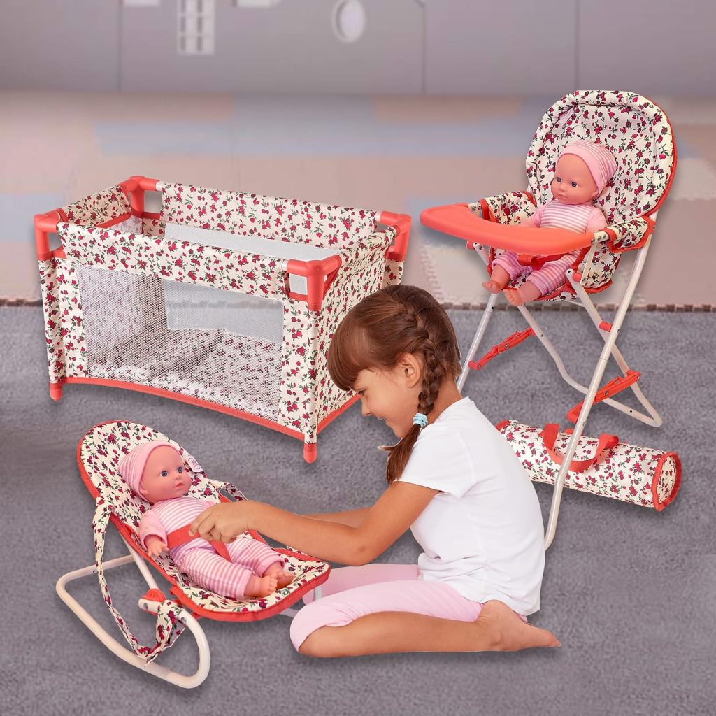 Floral Baby Doll Accessories Set, 3-1 Baby Doll Crib, Baby Doll High Chair & Bouncer Seat. 18 inch Doll Accessories with Doll Bed. 18″ Dolls Furniture Play Stuff. Toys for Girls Ages 3-5,4-6,5-7,8-10