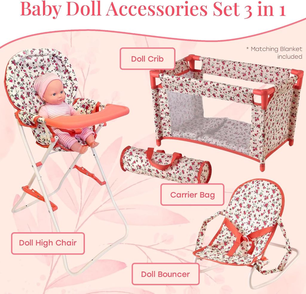 Floral Baby Doll Accessories Set, 3-1 Baby Doll Crib, Baby Doll High Chair & Bouncer Seat. 18 inch Doll Accessories with Doll Bed. 18″ Dolls Furniture Play Stuff. Toys for Girls Ages 3-5,4-6,5-7,8-10