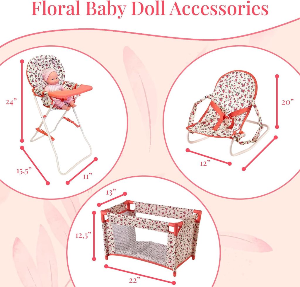 Floral Baby Doll Accessories Set, 3-1 Baby Doll Crib, Baby Doll High Chair & Bouncer Seat. 18 inch Doll Accessories with Doll Bed. 18″ Dolls Furniture Play Stuff. Toys for Girls Ages 3-5,4-6,5-7,8-10