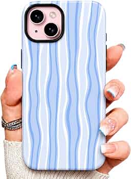 for iPhone 15 Case,Cute Colorful Wavy Stripe Shockproof Dual-Layer Protective Case, Sturdy and Durable 2-in-1 Phone Case, Blue, for iPhone 15