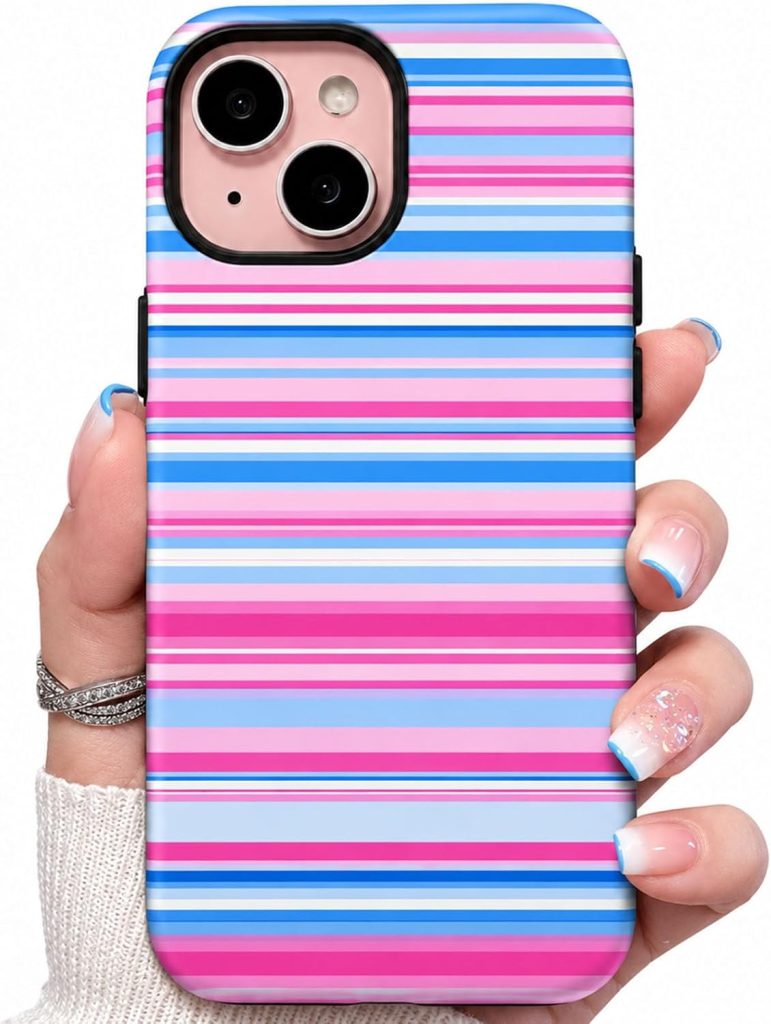 for iPhone 15 Case,Cute Colorful Retro Rainbow Stripe Phone Case, Durable Stylish Aesthetic 2-in-1 Phone Case,Blue, for iPhone 15