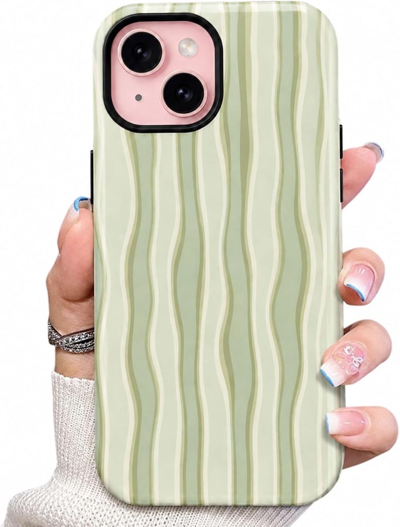 for iPhone 15 Case,Cute Colorful Wavy Stripe Shockproof Dual-Layer Protective Case, Sturdy and Durable 2-in-1 Phone Case, Cyan, for iPhone 15