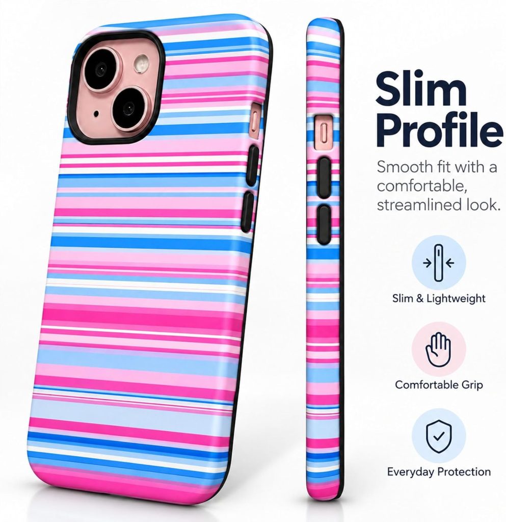 for iPhone 15 Case,Cute Colorful Retro Rainbow Stripe Phone Case, Durable Stylish Aesthetic 2-in-1 Phone Case,Blue, for iPhone 15